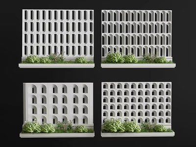 White Hollowed Concrete Garden Decor Panels with Geometric Arch Patterns and Green Plants 3d model