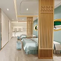 Elegant Beauty Salon Interior Featuring Light Green Walls Golden Accents Circular Decor And Treatment Beds