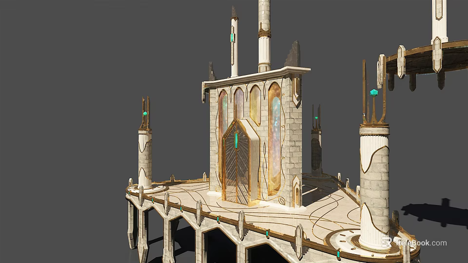 Intricate Fantasy Castle Design Featuring Tall Spires Arched Windows Decorative Columns And Stone Platform 3d model 