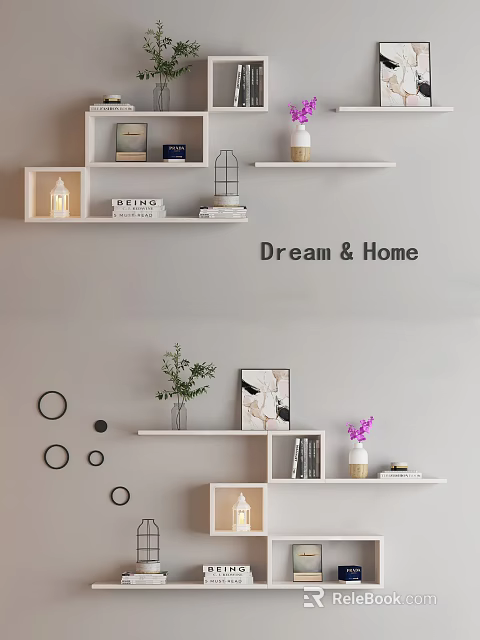 Modern Home Wall Shelves With Decorative Books Vases Green Plants And Circular Decor 3d model 