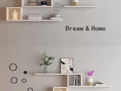 Modern Home Wall Shelves With Decorative Books Vases Green Plants And Circular Decor 3d model