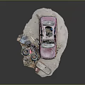 Abandoned Damaged Car With Pink Orange Paint Surrounded By Trash And Debris