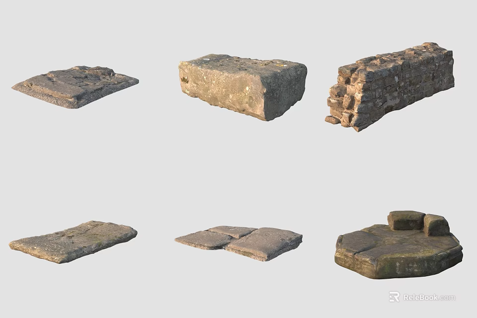 Natural Stone And Wood Materials Collection With Flat Slabs Solid Blocks And Stacked Sections 3d model 