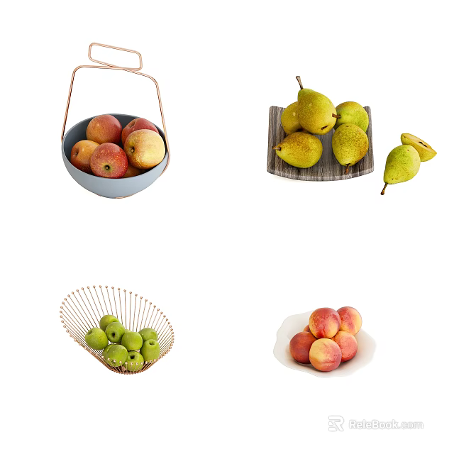 Fresh Ripe Apples Pears Greengages and Peaches in Bowl Plate and Basket 3d model 