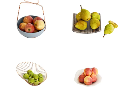 Fresh Ripe Apples Pears Greengages and Peaches in Bowl Plate and Basket 3d model