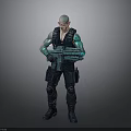 Sci Fi Character With Bald Head Blue Arms And Large Gun In Combat Gear