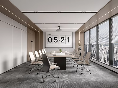 Modern Conference Room With Large Windows City View Digital Clock Long Meeting Table And Chairs 3d model