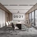 Modern Conference Room With Large Windows City View Digital Clock Long Meeting Table And Chairs