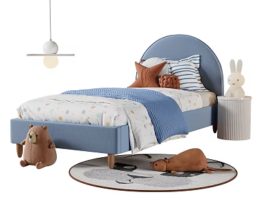 Blue Curved Headboard Kids Bed with Striped Pillows Stuffed Toys Blue Blanket and Round Rug 3d model