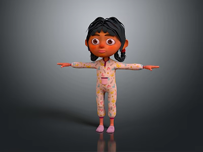 Cartoon Girl Character With Pigtails In Patterned Pajamas Arms Outstretched On Grey Background 3d model