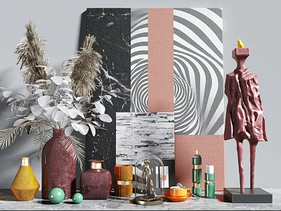 Elegant Modern Decorative Ornament Set With Sculpture Vase Candle Marble Base And Metal Decor 3d model