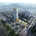 Modern Office Building With Glass Facade In Urban Area Featuring Pedestrians And Vehicles