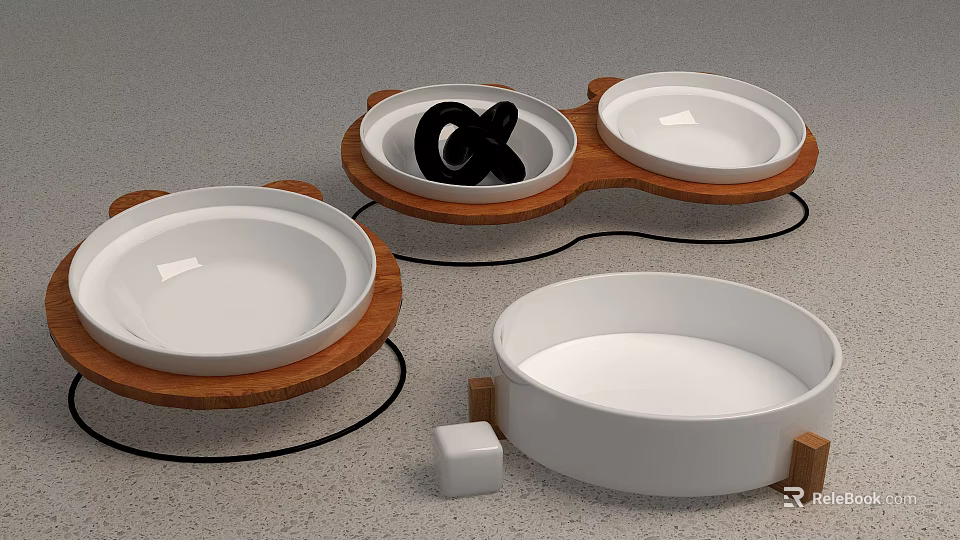 Home Living Supplies Wooden Base White Double And Single Bowls For Pet Feeding 3d model 