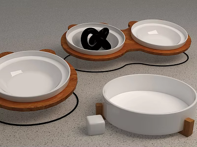 Home Living Supplies Wooden Base White Double And Single Bowls For Pet Feeding 3d model