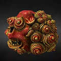 Traditional Red And Gold Lion Head Sculpture With Curled Patterns And Black Eyes