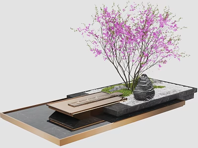 Tranquil Water Fountain With Pink Flowering Tree Black Stone White Sand And Wooden Platform 3d model