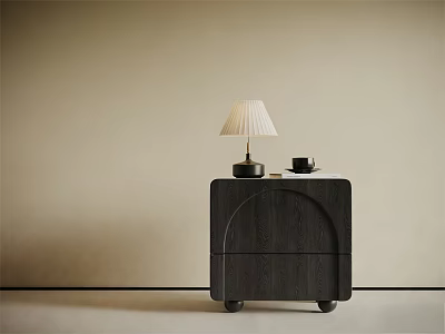 Modern Dark Wood Nightstand With Arch Design Table Lamp And Cup 3d model