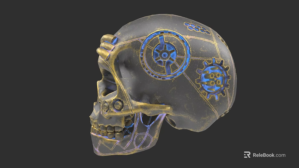 Artistic Skull Sculpture with Intricate Blue and Gold Gear Carving Details 3d model 