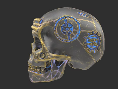 Artistic Skull Sculpture with Intricate Blue and Gold Gear Carving Details 3d model