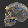 Artistic Skull Sculpture with Intricate Blue and Gold Gear Carving Details