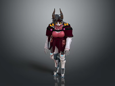 Mythical Creature Character With Horns Yellow Eyes Maroon Outfit And Mechanical Limbs 3d model
