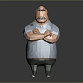 Cartoon Male Character 3D Model Light Blue Shirt Arms Crossed Mustache Standing Pose