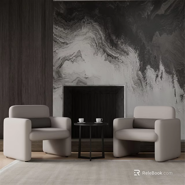 Casual Sofa Set With White Armchairs Small Coffee Table Black Fireplace And Marble Accent Wall 3d model 