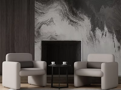 Casual Sofa Set With White Armchairs Small Coffee Table Black Fireplace And Marble Accent Wall 3d model