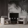 Casual Sofa Set With White Armchairs Small Coffee Table Black Fireplace And Marble Accent Wall