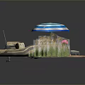 Inflatable Boat Scene With Blue And White Striped Umbrella And Flamingo Decor