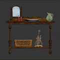 Wooden Console Table With Mirror Decorative Plate Green Pitcher Wicker Basket And Carved Legs