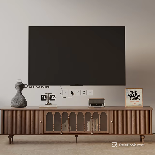 Wooden TV Stand With Large Screen TV Vase Clock Radio And Newspaper Sign 3d model 