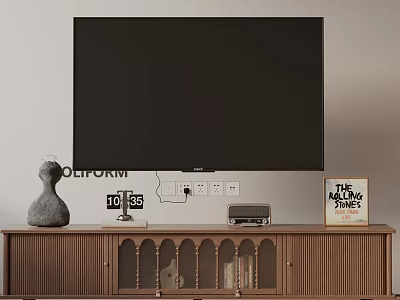 Wooden TV Stand With Large Screen TV Vase Clock Radio And Newspaper Sign 3d model