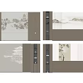 Chinese Style Bed Background Wall with Landscape Pavilion Floral and Storage