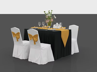 Elegant Dining Table Set With Black Tablecloth Yellow Runner White Chairs And Floral Centerpiece 3d model