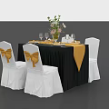 Elegant Dining Table Set With Black Tablecloth Yellow Runner White Chairs And Floral Centerpiece