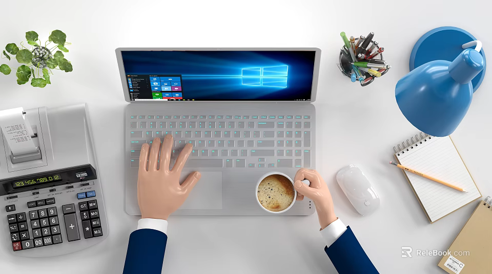Hands Using Silver Laptop On Desktop With Coffee Cup Mouse And Office Supplies 3d model 