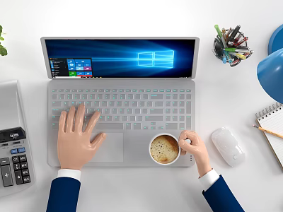 Hands Using Silver Laptop On Desktop With Coffee Cup Mouse And Office Supplies 3d model
