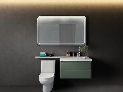 Sleek Modern Dark Tone Bathroom Interior With LED Backlit Mirror Green Floating Vanity And Toilet 3d model