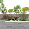 Outdoor Landscape Wall Design With Green Trees Plants And Stones In Courtyard