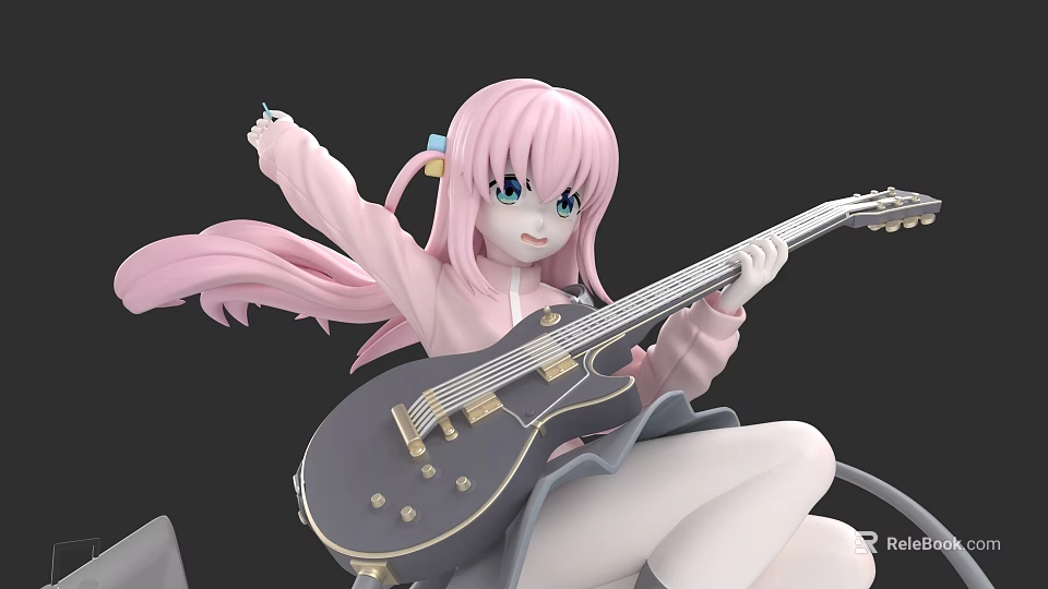Anime Woman With Pink Long Hair In Pink Coat Playing Black Electric Guitar 3d model 