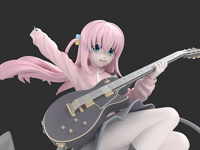Anime Woman With Pink Long Hair In Pink Coat Playing Black Electric Guitar 3d model