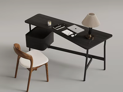 Modern Black Home Office Desk With Wooden Chair Lamp Laptop And Stationery 3d model