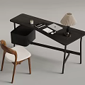Modern Black Home Office Desk With Wooden Chair Lamp Laptop And Stationery
