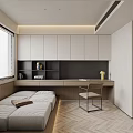 Modern Tatami Bedroom Interior With Tatami Bed Wooden Desk Chair And Storage Cabinets