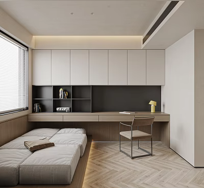 Modern Tatami Bedroom Interior With Tatami Bed Wooden Desk Chair And Storage Cabinets 3d model