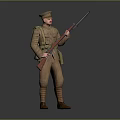Detailed Game Movie Character In Brown Military Uniform Holding Rifle Standing Pose