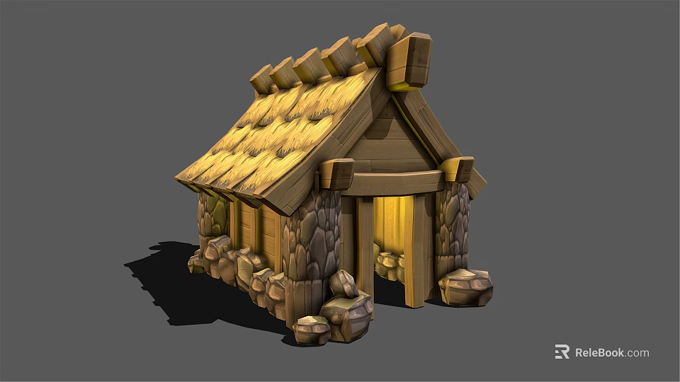 Cartoon Wooden Hut With Stone Walls Thatch Roof And Yellow Door Design Details 3d model 