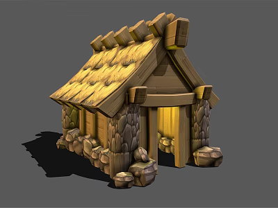 Cartoon Wooden Hut With Stone Walls Thatch Roof And Yellow Door Design Details 3d model