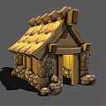 Cartoon Wooden Hut With Stone Walls Thatch Roof And Yellow Door Design Details
